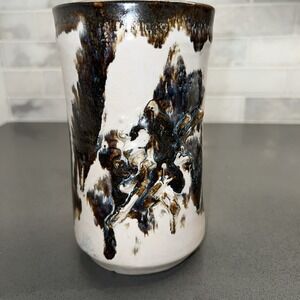 Signed Art Pottery Vase Earthy Green & Brown Glaze With Abstract Design
